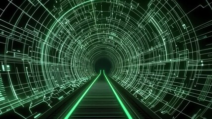 Wall Mural - futuristic digital tunnel with neon green lights and circuit pattern for technology and sci-fi conce