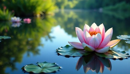 Wall Mural - intricate floral pattern reflected on calm lake surface, aesthetic, artistic, pond