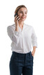© ImageFlow - Smiling woman in white blouse and dark pants talking on a smartphone, isolated on a white background. Business communication and professional concept