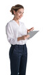 © ImageFlow - Confident woman in business attire using a tablet, isolated on white background. Professional concept