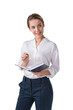 © ImageFlow - Confident woman in business attire holding a notebook and pen, standing isolated on a white background. Ideal for professional and corporate design concepts