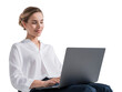 © ImageFlow - Smiling woman in white blouse working on laptop, isolated on white background. Professional and focused concept