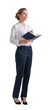 © ImageFlow - Businesswoman in white blouse and dark trousers holding notebook and pen, standing confidently on white background. Concept of planning and professionalism