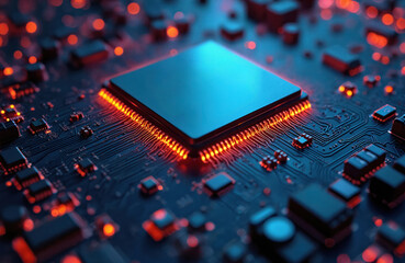 Fototapete - Circuit board illustration. Electronic computer hardware, digital chip. Motherboard, processor, central processing unit with red neon light effect. Tech design concept. Cyberspace, future innovation.