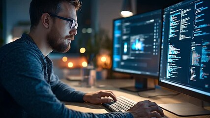 Focused programmer coding at night with dual monitors in a cozy workspace