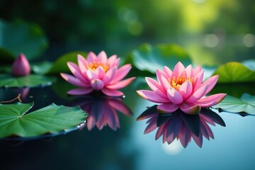 Wall Mural - water lilies, lotus blossoms reflected on calm lake surface, reflection, image