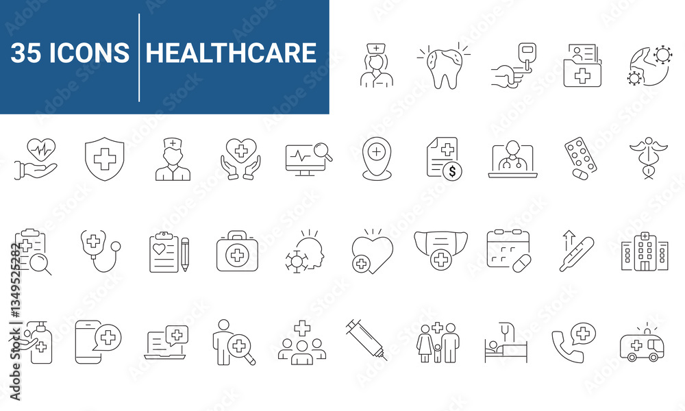 set of 35 outline icons related to healthcare and medical. Linier icons ...