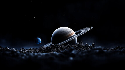 ringed planet and distant blue earth against starry space background