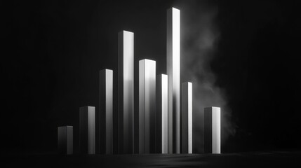 Poster - An abstract D financial bar graph with stylized bars of varying heights, set against a dark background with digital effects, representing innovative financial analysis.
