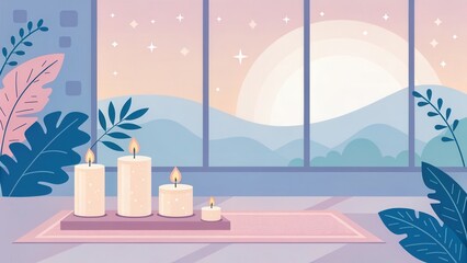 Aufkleber - Serene room with candles and a scenic view at sunrise.