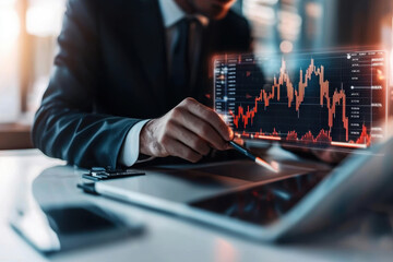 Aufkleber - Business professional analyzing advanced stock market data tablet, showcasing financial trends and insights. atmosphere is focused and dynamic, reflecting importance of data analysis decision