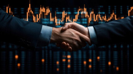 Leinwandbilder - close up of handshake between two business partners symbolizes trust and collaboration in professional environment, with backdrop of financial data