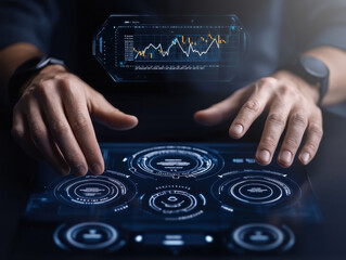 Leinwandbilder - Futuristic financial consultant analyzing investment data with advanced technology interface displaying graphs and metrics. atmosphere conveys innovation and strategic planning