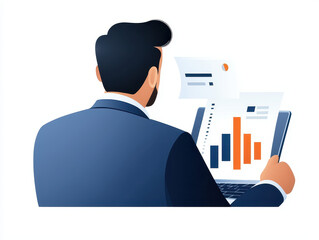 Leinwandbilder - professional man is focused on analyzing data displayed on laptop screen, showcasing various graphs and charts. scene conveys sense of determination and engagement in business analysis
