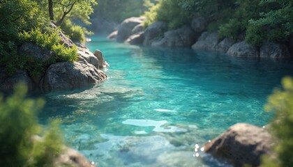 Aufkleber - Transparent turquoise water with ripples, rocks, green bushes, trees, sunlight reflections. Clear liquid texture, natural scene for relaxation, summer days, vacations. Calm tranquil atmosphere.