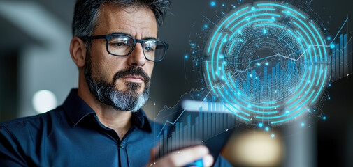 Leinwandbilder - Professional trader analyzing stock market data on smartphone, showcasing digital financial graph with insights reflecting economic growth and stability