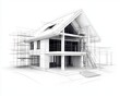 © Creator88 - Detailed illustration of unfinished home, architectural lines showing scaffolding, beams, and early design