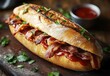 © ANUAR - Delicious bacon sandwich on wooden board with fresh herbs and ketchup, perfect for a tempting food photograph showcasing indulgent comfort food