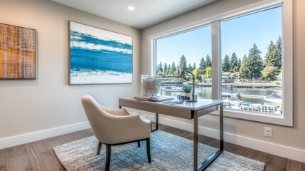 Aufkleber - A bright and airy home office featuring a minimalist desk, a comfortable chair, and large windows that provide plenty of natural light for an inspiring workspace.