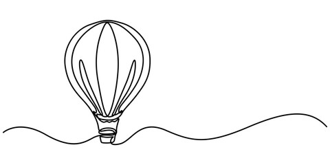 Fototapete - Hot air balloons flying in sky sign. Continuous one line drawing, Continuous Line Drawing of Hot Air Balloon Icon. Hand Drawn Symbol Vector Illustration, Travel flying on aerostat in sky logo divider.