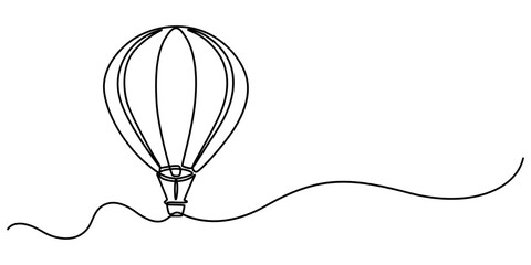 Fototapete - Hot air balloons flying in sky sign. Continuous one line drawing, Continuous Line Drawing of Hot Air Balloon Icon. Hand Drawn Symbol Vector Illustration, Travel flying on aerostat in sky logo divider.