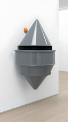 Wall Mural - Gray geometric sculpture on white wall, orange sphere nearby, modern art gallery setting, ideal for minimalist art websites