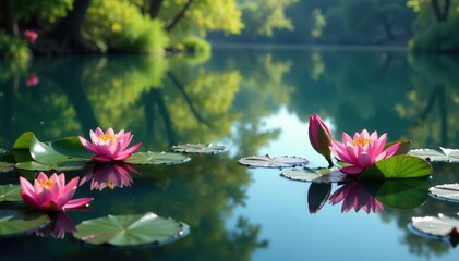 Wall Mural - intricate floral pattern reflected on calm lake surface, textile, bloom