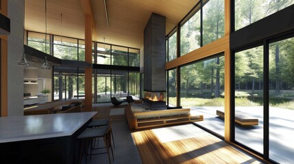 Aufkleber - A spacious open-concept living area with minimalist decor, highlighting a sleek fireplace, large windows, and a harmonious blend of natural materials for a tranquil vibe.