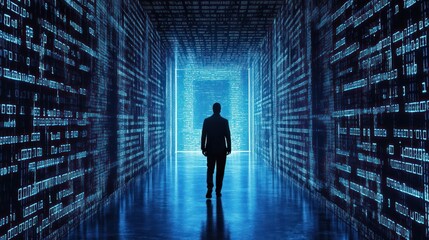 Man walking through digital code tunnel, future tech concept