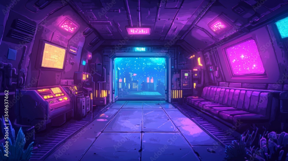 Futuristic pixel art space station interior in 8-bit style for retro ...