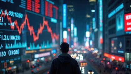 Aufkleber - Man stands before wall large screens display stock market data, busy city night. Financial district lights up charts. Investor analyzes trading, global economy, business investment.