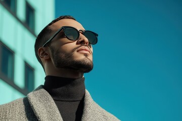 Poster - Young man with stylish sunglasses poses confidently against a vibrant orange wall during daylight in an urban setting