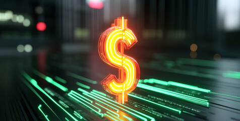 Poster - A glowing dollar symbol represents financial stability and trust within a digital context. The vibrant exchange of data suggests a focus on portfolio growth in today's market environment.