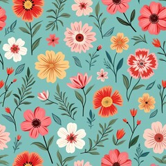 Poster - Trendy floral seamless pattern with groovy vibes. Vintage 70s style flower background illustrations. Colorful pastel colors, nature design for fabric, wallpaper, print. Spring plants on blue backdrop.