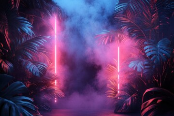 Aufkleber - Neon foliage illuminated by colorful lights creates a vibrant atmosphere in an urban setting during nighttime hours