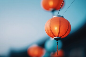 Wall Mural - close-up of colorful lanterns hanging above street market in asia illuminated by soft evening light