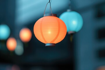 Wall Mural - close-up of colorful lanterns hanging above street market in asia illuminated by soft evening light