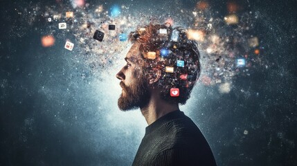 a contemplative man with a beard stands against a dark background, his head filled with a swirling a