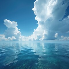 Aufkleber - Vast seascape. Calm blue ocean meets clear sky with fluffy white clouds. Tranquil scenery with sunlight creates sense of peace, relaxation. Vacation backdrop, travel inspiration. Ideal for eco,