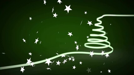 Wall Mural - animation of glowing christmas tree with falling stars on dark green background