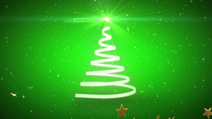 Wall Mural - glowing spiral christmas tree design with stars on green background animation