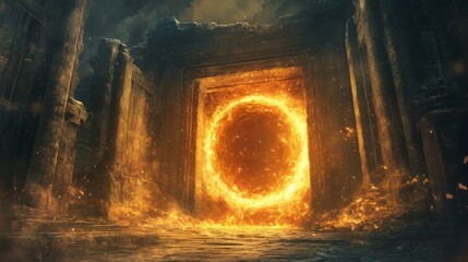 Wall Mural - a magical portal opening in the middle of an ancient temple glowing vortex unknown adventure beyond