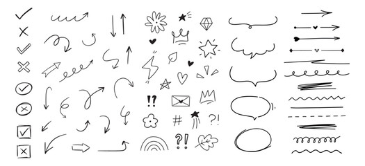 Poster - Hand drawn different simple line elements. Doodle sketch style arrows, scribbles, stars, speech bubbles and underlines. Vector grunge element set on white background.