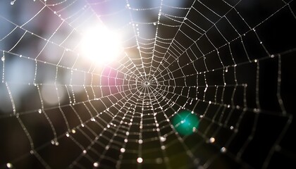 Close-up of a spiderweb glistening with morning dew, sunlight shining through the intricate design, creating a breathtaking natural scene.