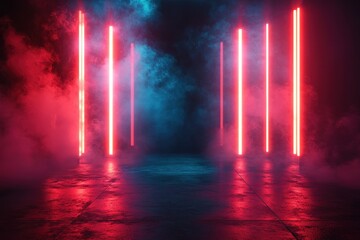 Fototapete - Colorful neon lights illuminate a foggy space with dramatic blue and red hues creating an immersive atmosphere suitable for events or performances