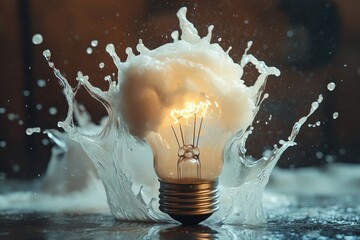 Aufkleber - Illuminating burst of energy with a light bulb surrounded by an explosion of water droplets in a dark environment creating a dynamic visual effect