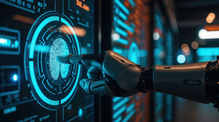 robotic hand interacts with digital fingerprint scanner, showcasing advanced technology and security