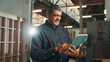 © peopleimages.com - Business, connection and man in workshop, tablet or carpenter with email for online order. Mature person, employee or tech with checklist for inventory, furniture designer or professional engineering