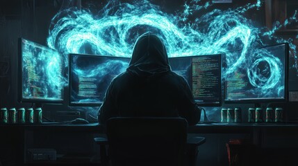 Hacker coding late night, energy drink, digital effects, dark room