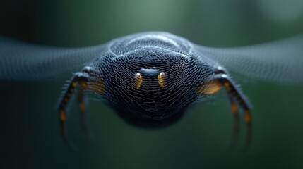 Close-up view of a spider suspended in a web, intricate details visible.  Dark body,  and  glowing orange eyes.  Fine mesh-like structure of the web